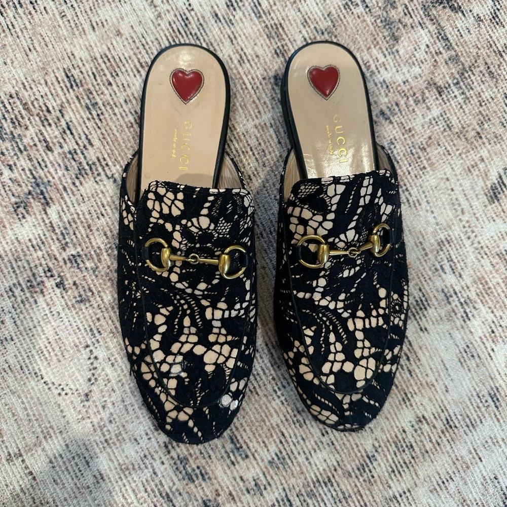 Gucci women’s Princetown lace mules in size 36, pre-owned, good condition.